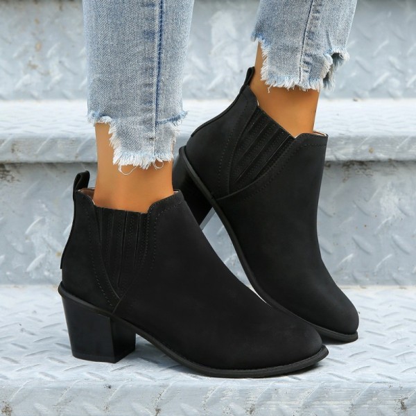 Women Fashion Plus Size Solid Color Pointed Toe Chunky Heel Short Boots