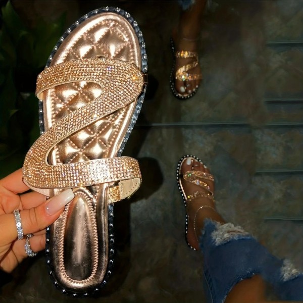 Women Casual Plus Size Rhinestone Round Toe Flat Slippers