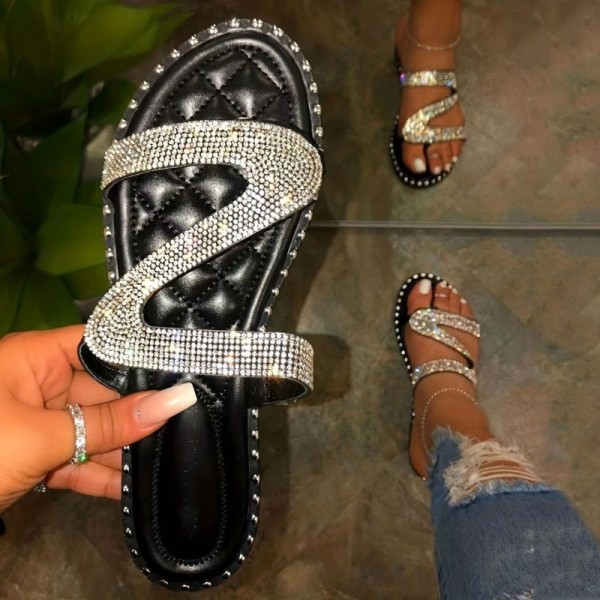 Women Casual Plus Size Rhinestone Round Toe Flat Slippers