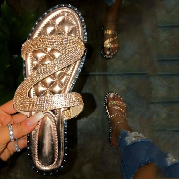Women Casual Plus Size Rhinestone Round Toe Flat Slippers
