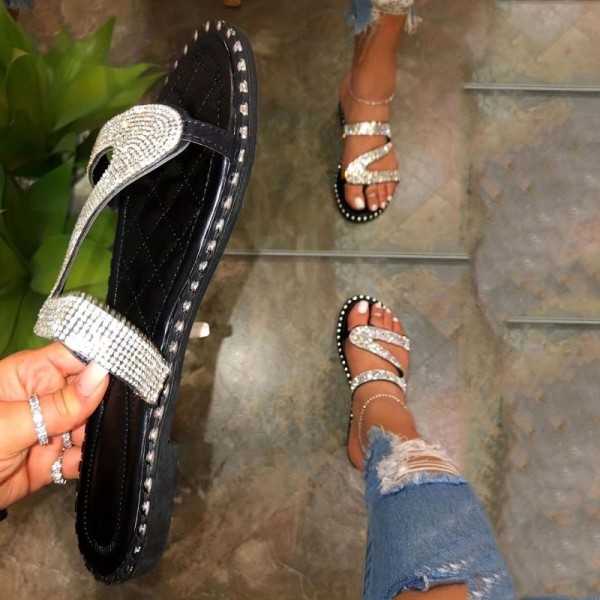 Women Casual Plus Size Rhinestone Round Toe Flat Slippers