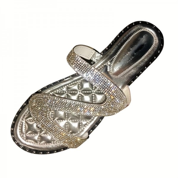 Women Casual Plus Size Rhinestone Round Toe Flat Slippers