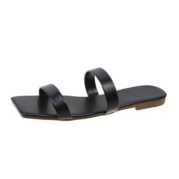 Women Fashionable Casual Plus Size Solid Color Square Toe Flat PU Slippers