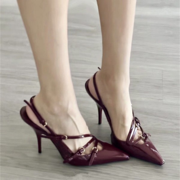 Women Fashionable Solid Color Point-Toe Toe Metallic Patent Leather Peel Sandals