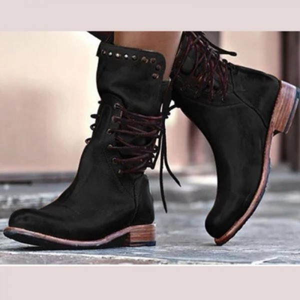 Women Fashion Vintage Plus Size Rivet Strap Mid-Calf Boots