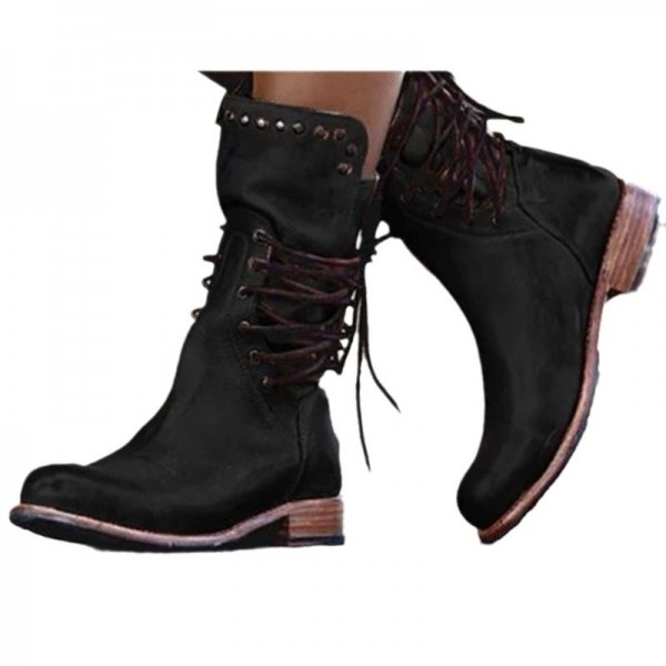 Women Fashion Vintage Plus Size Rivet Strap Mid-Calf Boots