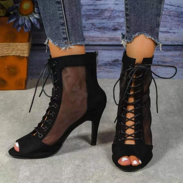 Women Fashion Sexy Plus Size Hollow Out Mesh Peep Toe Lace Short Boots