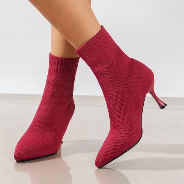 Women Fashion Solid Color Plus Size Flying Knitted Pointed Toe High Heeled Mid-Calf Boots
