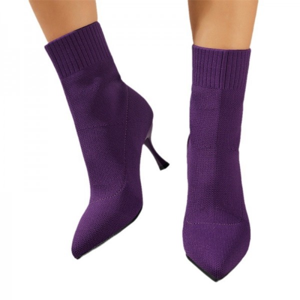 Women Fashion Solid Color Plus Size Flying Knitted Pointed Toe High Heeled Mid-Calf Boots