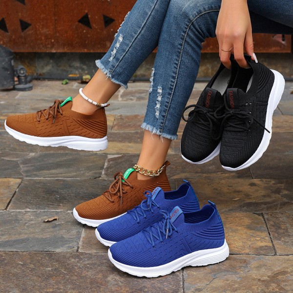 Women Fashion Casual Plus Size Round-Toe Fly-Woven Breathable Sneakers