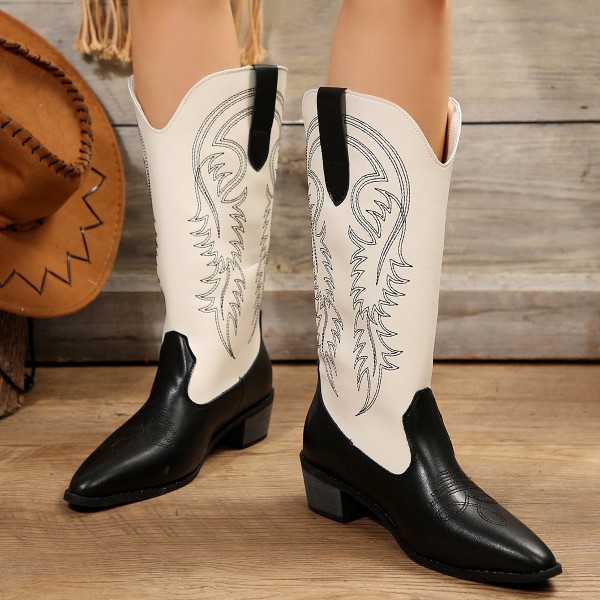 Women Fashion Plus Size Embroidery Colorblock Pointed Toe Mid-Calf Boots