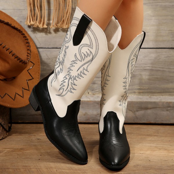 Women Fashion Plus Size Embroidery Colorblock Pointed Toe Mid-Calf Boots