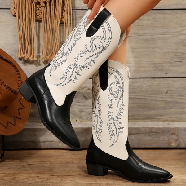 Women Fashion Plus Size Embroidery Colorblock Pointed Toe Mid-Calf Boots