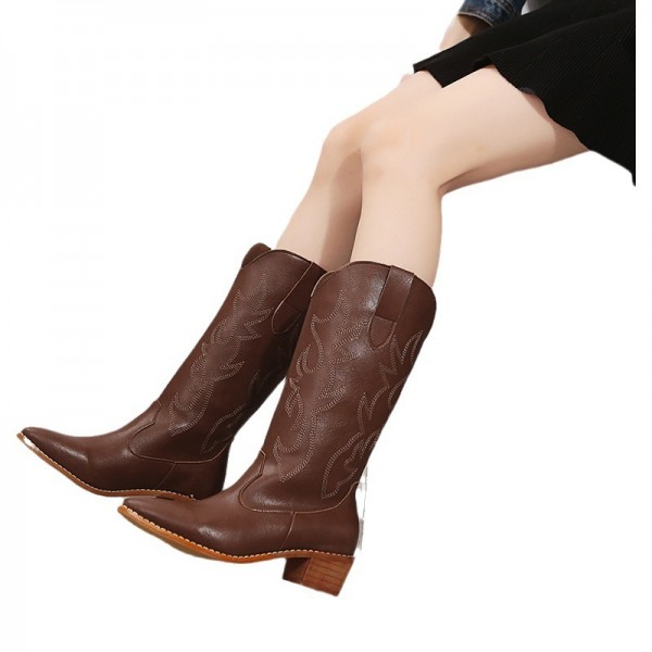 Women Fashion Plus Size Embroidery Colorblock Pointed Toe Mid-Calf Boots