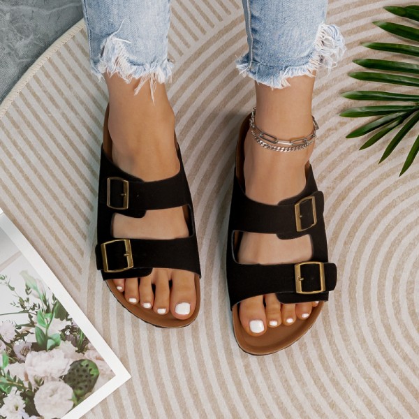 Summer Women Casual Plus Size Metal Buckle Cork Slippers