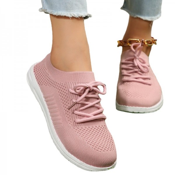 Women Fashion Casual Plus Size Fly-Woven Breathable Lace-Up Sneakers