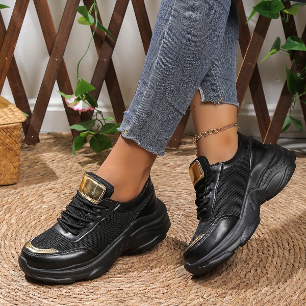 Women Fashion Plus Size Solid Color Mesh Round Toe Thick-Soled Lace-Up Sneakers
