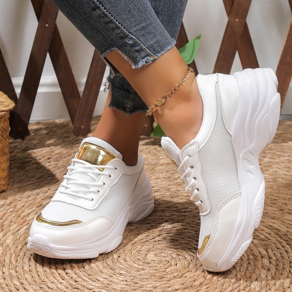 Women Fashion Plus Size Solid Color Mesh Round Toe Thick-Soled Lace-Up Sneakers