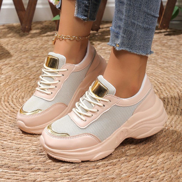 Women Fashion Plus Size Solid Color Mesh Round Toe Thick-Soled Lace-Up Sneakers