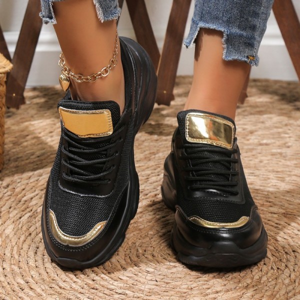 Women Fashion Plus Size Solid Color Mesh Round Toe Thick-Soled Lace-Up Sneakers