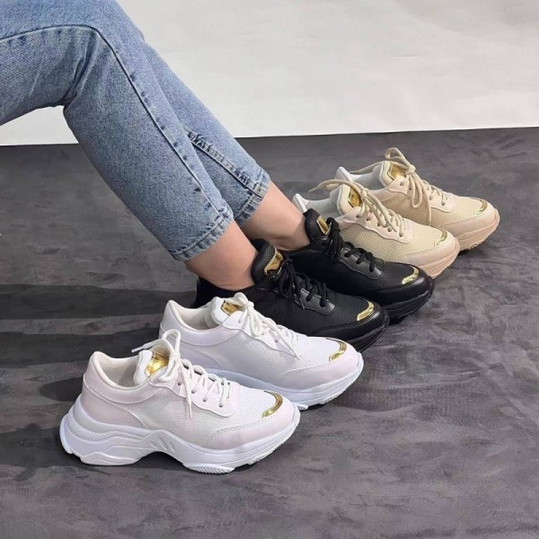Women Fashion Plus Size Solid Color Mesh Round Toe Thick-Soled Lace-Up Sneakers