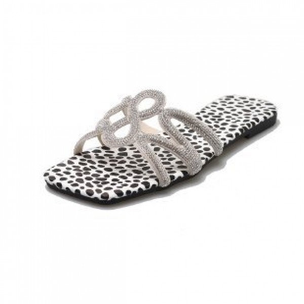 Women Fashion Plus Size Leopard Printed Rhinestone Hollow Square Toe Flat Slippers