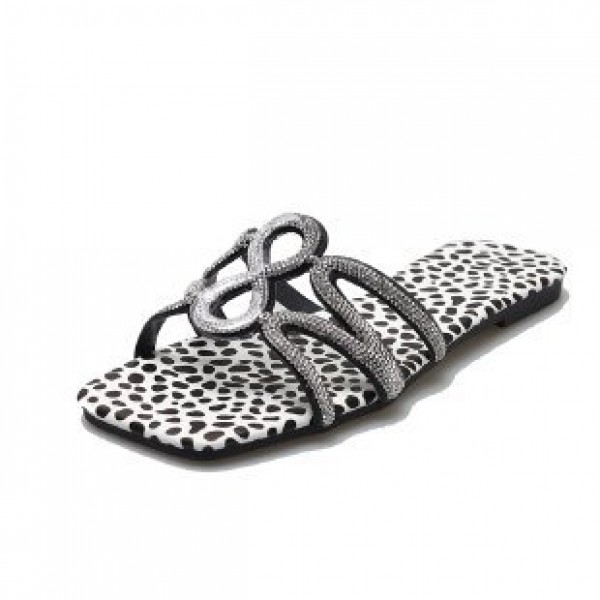 Women Fashion Plus Size Leopard Printed Rhinestone Hollow Square Toe Flat Slippers