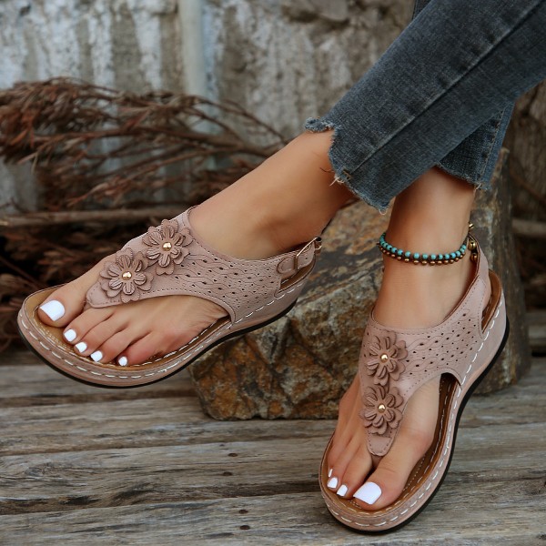 Women Summer Fashion Plus Size Flower Round Toe Thong Sandals