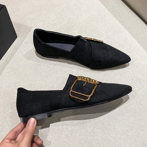 Fashion Women Elegant Low Heel Pionted Toe Sdede Metal Shoe Buckle Loafers