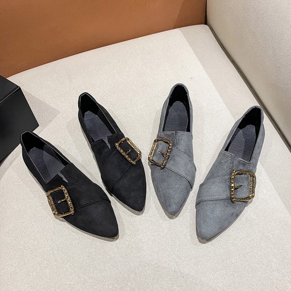 Fashion Women Elegant Low Heel Pionted Toe Sdede Metal Shoe Buckle Loafers