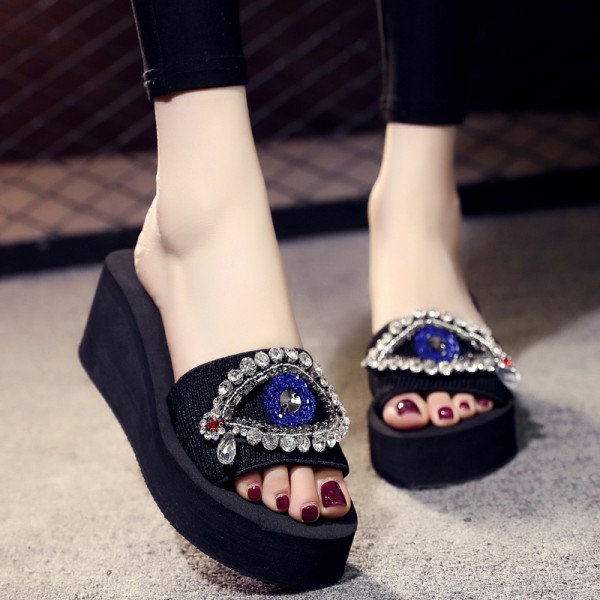 Women Fashion Plus Size Evil Eye Rhinestone Round Toe Thick-Soled Slippers