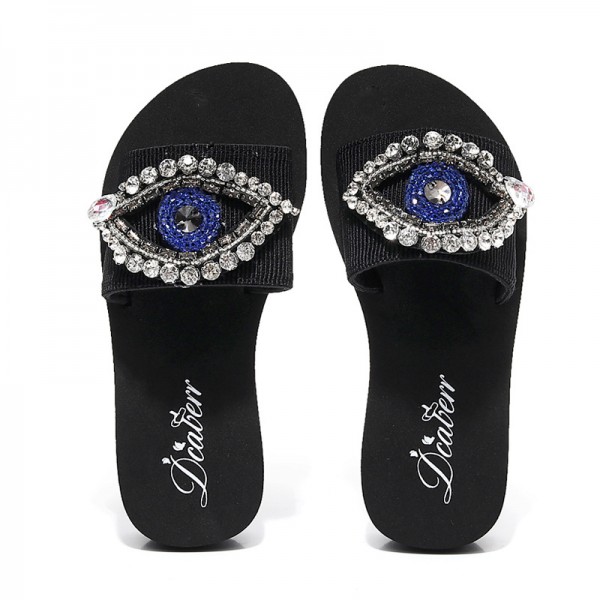 Women Fashion Plus Size Evil Eye Rhinestone Round Toe Thick-Soled Slippers