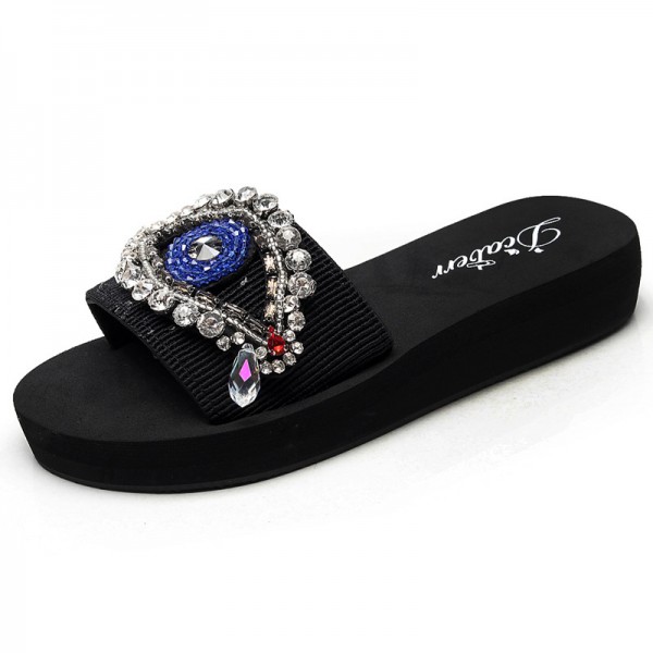 Women Fashion Plus Size Evil Eye Rhinestone Round Toe Thick-Soled Slippers