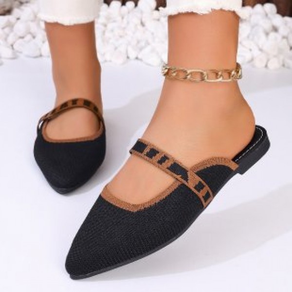 Women Fashion Plus Size Toe Fly-Woven Breathable Flat Mule Shoes