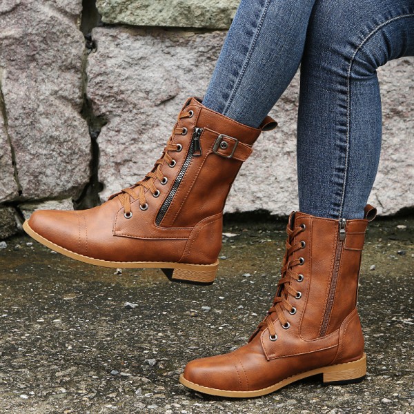 Women Casual Vintage Plus Size Strap Side Zipper Mid-Calf Boots