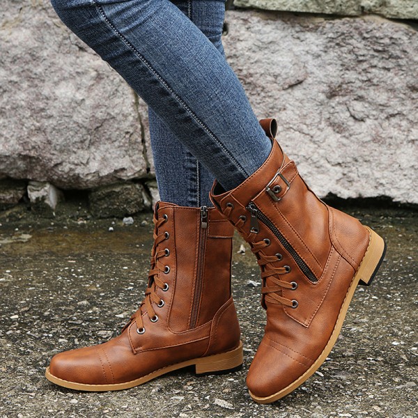 Women Casual Vintage Plus Size Strap Side Zipper Mid-Calf Boots