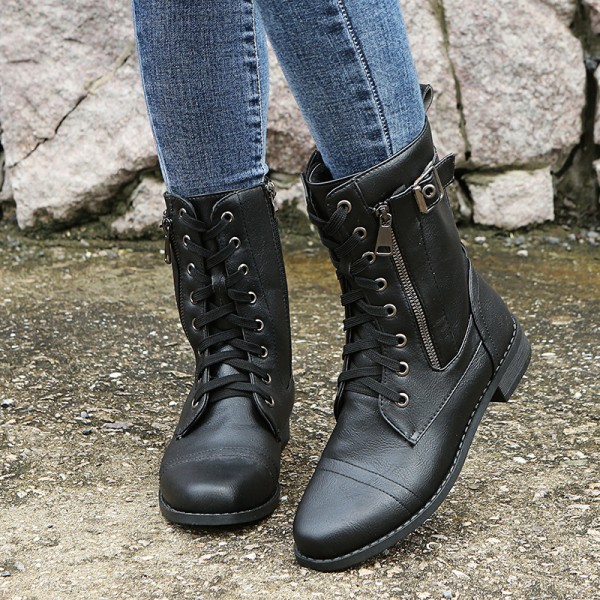 Women Casual Vintage Plus Size Strap Side Zipper Mid-Calf Boots