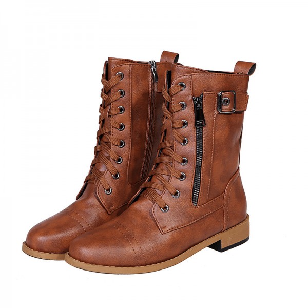 Women Casual Vintage Plus Size Strap Side Zipper Mid-Calf Boots