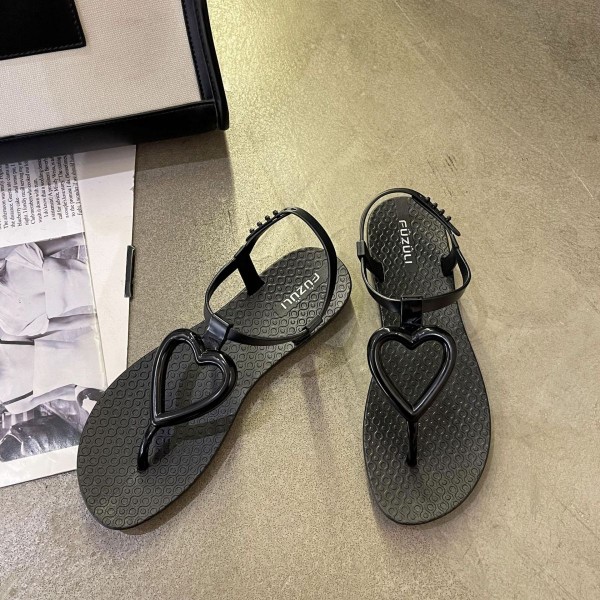 Summer Women Fashion Plus Size Hollow Heart Round Toe Flat Thong Sandals