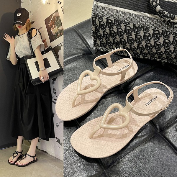 Summer Women Fashion Plus Size Hollow Heart Round Toe Flat Thong Sandals