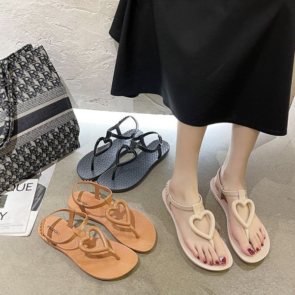 Summer Women Fashion Plus Size Hollow Heart Round Toe Flat Thong Sandals