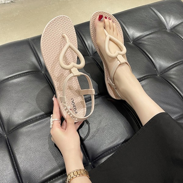 Summer Women Fashion Plus Size Hollow Heart Round Toe Flat Thong Sandals