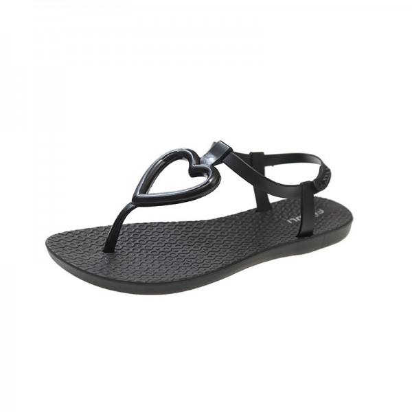 Summer Women Fashion Plus Size Hollow Heart Round Toe Flat Thong Sandals